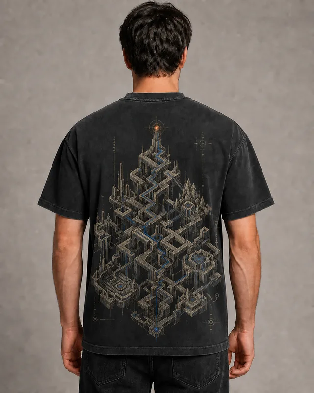 Corrected digital concept mockup for The Aperiodic City shirt, shown for design review only